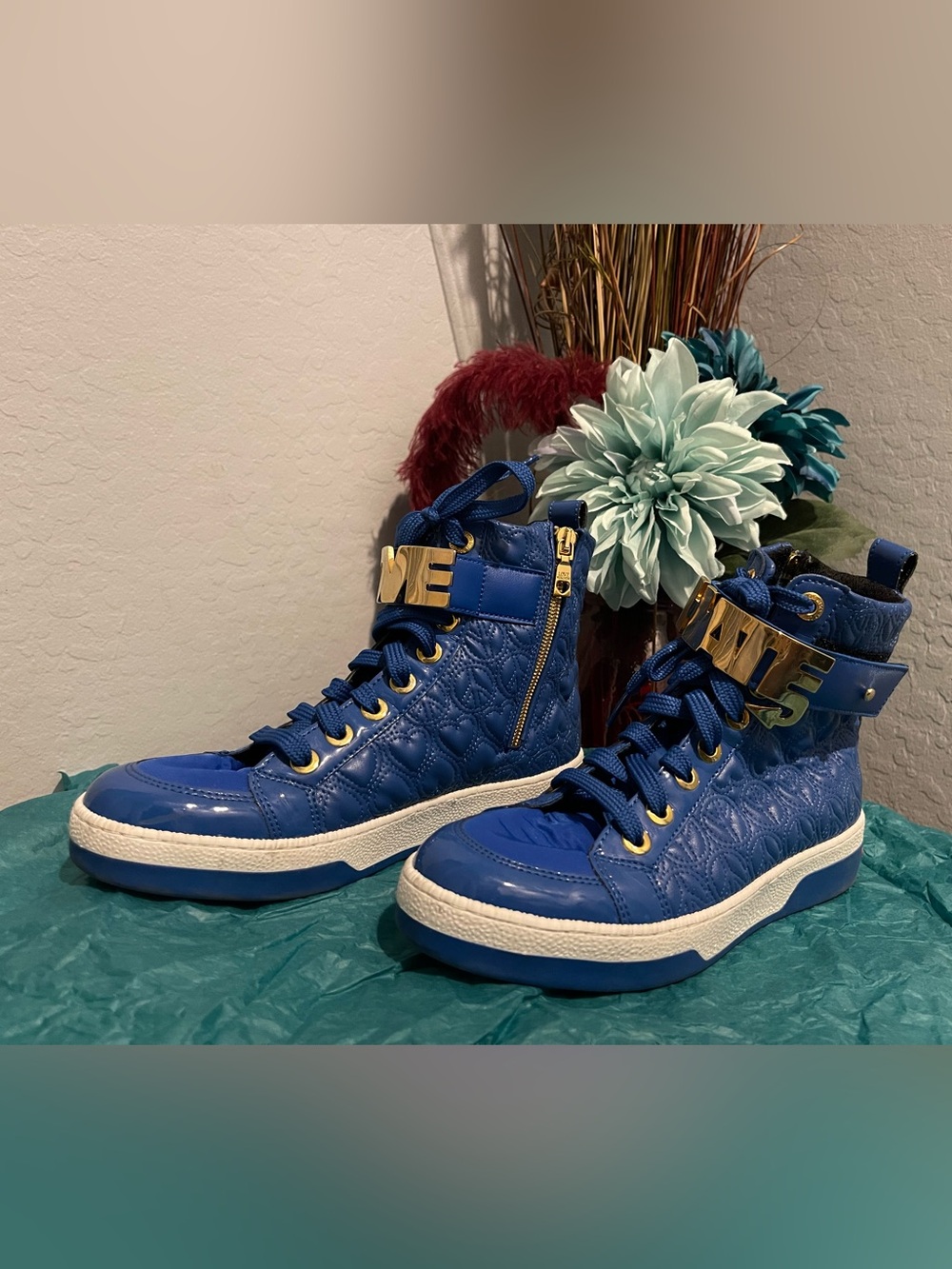 Love Moschino Blue High-Top Sneakers with Gold Accents size 37